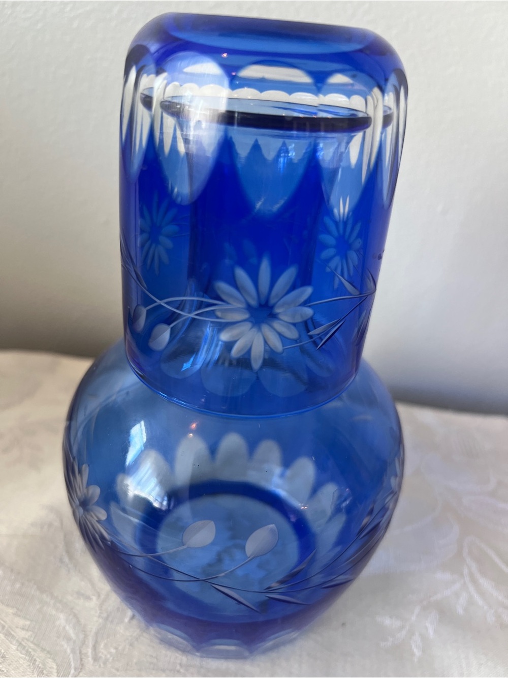 Vintage Bohemian Glass Cobalt Blue Cut To Clear 2pc Guest Water Set Tumblr Up